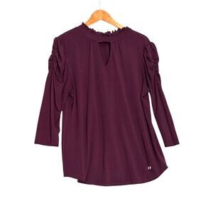 Adrienne Vittadini Purple Ruffle Neck Blouse‎ Keyhole Long Sleeve Women L
